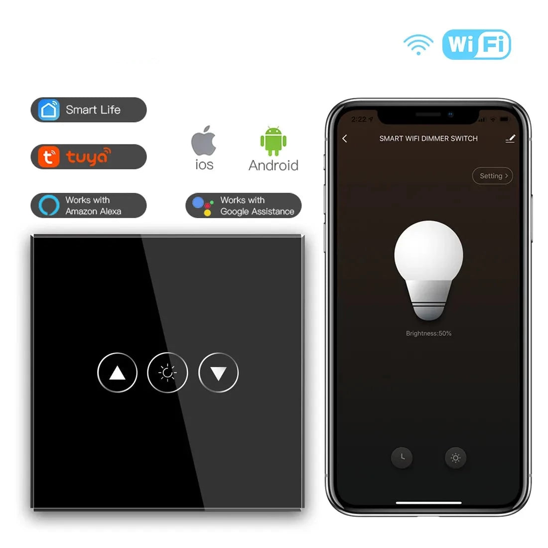 LED EU Touch Wifi Light Dimmer 1 Gang Smart Wireless Wifi Dimmer White Black Golden Colors For Smart Home