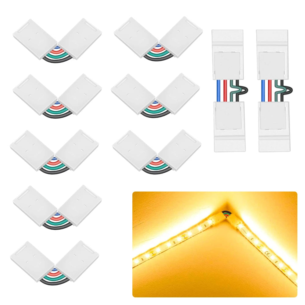 10Pcs L-Shape 4-Pin LED Strip Connectors - Angle Adjustable (90°-180°) for 10mm 5050 RGB
