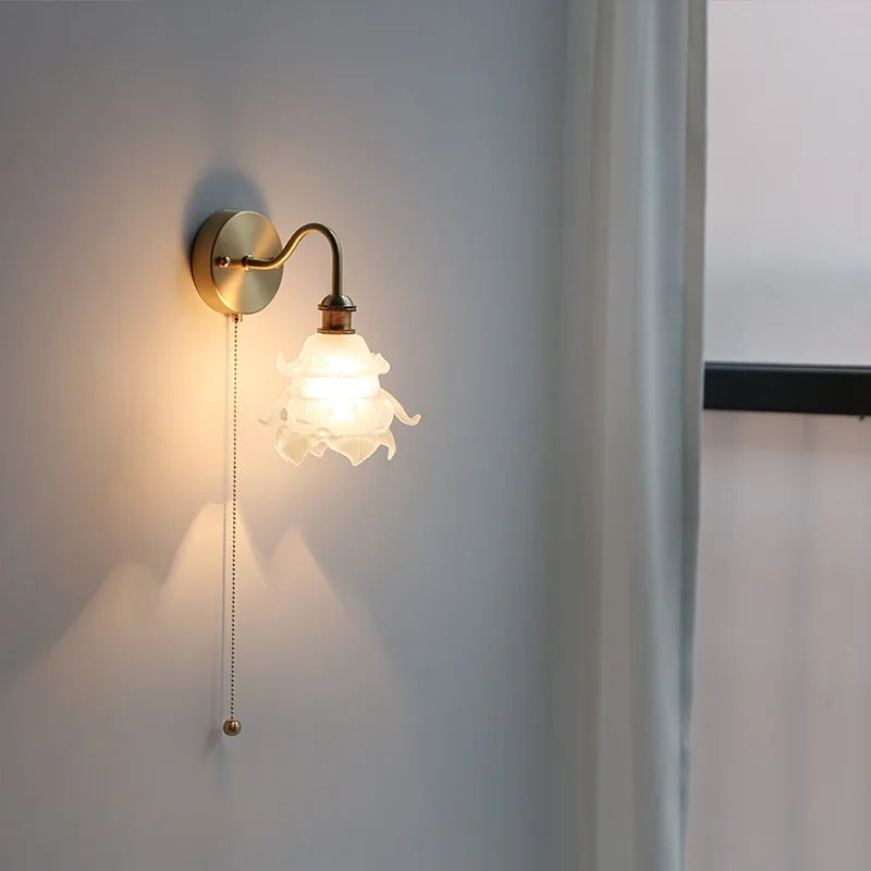 IWHD Flower Glass Copper Wall Lamp Sconce Pull Chain Switch LED Bedroom Bathroom Mirror Stair Light Nordic Modern Wand lamp