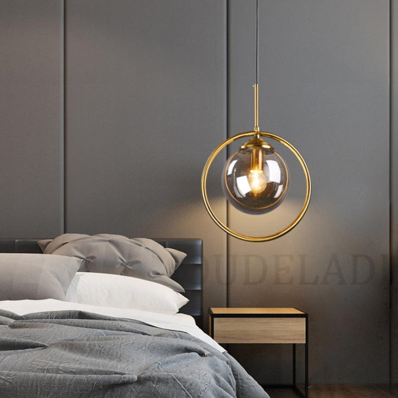 Nordic restaurant single head metal ring pendant lights modern living room bedroom bedside glass ball hanging lamp