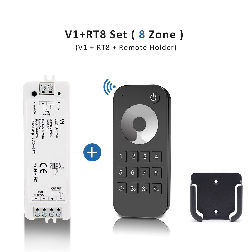 LED Dimmer 12v 24v 36v 2.4G RF Wireless Touch Remote Dimmer Switch RT1 RT6 RT8 V1 Single Color LED Strip Light Controller