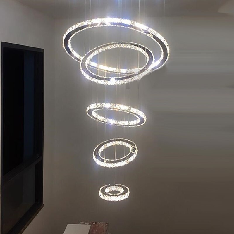 Luxury Large 5 Rings Led Round Crystal Chandelier light Spiral Pendant Lamp Modern Chandelier Light Fixtures Stair Hotel Lamp