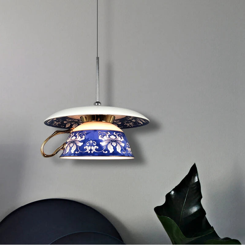 Chinese Style Blue Flower Cup Pendant Lights Dining Room Hanging Lamp Kitchen Indoor Lighting Fixtures Home Decor Loft Luminaire