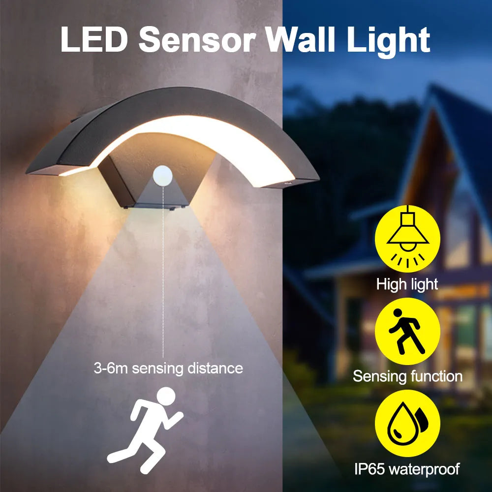 18/24W Modern PIR Motion Sensor Curved Led Wall Lamp Outdoor Waterproof IP65 Front Door Garden Porch Sconce Induction Wall Light
