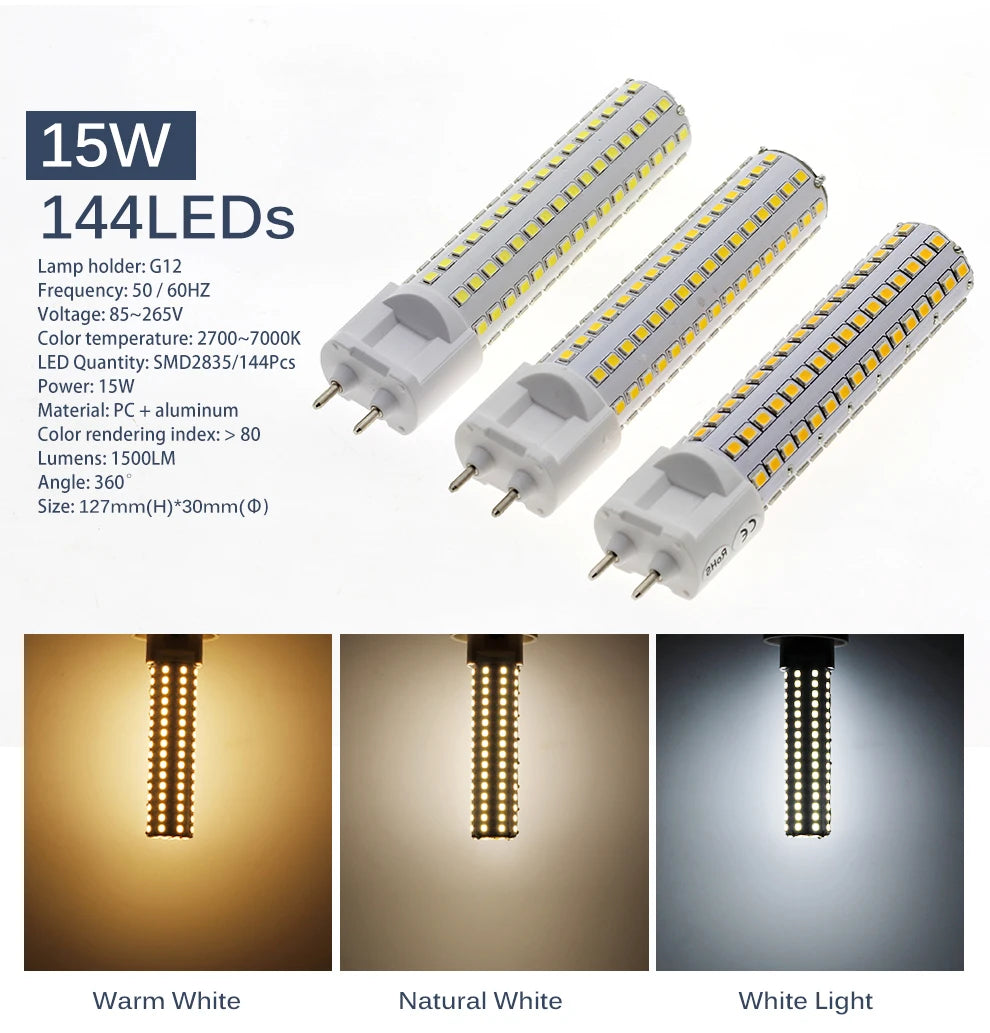 G12 LED Bulb Light AC85-265V 10W 1000LM 15W 1500LM High Brightness SMD2835 LED Corn Bulb Lamp.