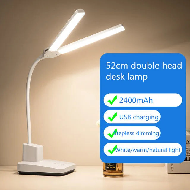 LED Desk Lamp Double Head 52cm USB Charging Stepless Dimming Eye Protection Reading Book Lights Three-color Switch Table Light