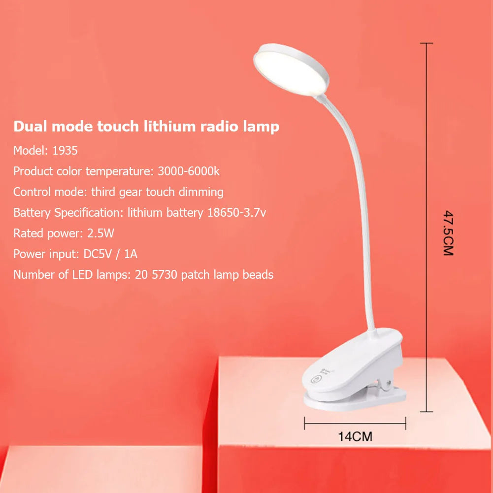 5V USB Powered LED Desk lamp Flexible Reading Book lights Eye Protect Rechargeable Table Lamp with Clip for Home Bedroom Study