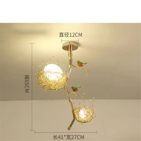 Nordic Cottage core Decors Golden Bird's Nest Chandeliers Hallway Living Room Kids Art Glass Egg 3 Heads Hanging Lighting Fixtures