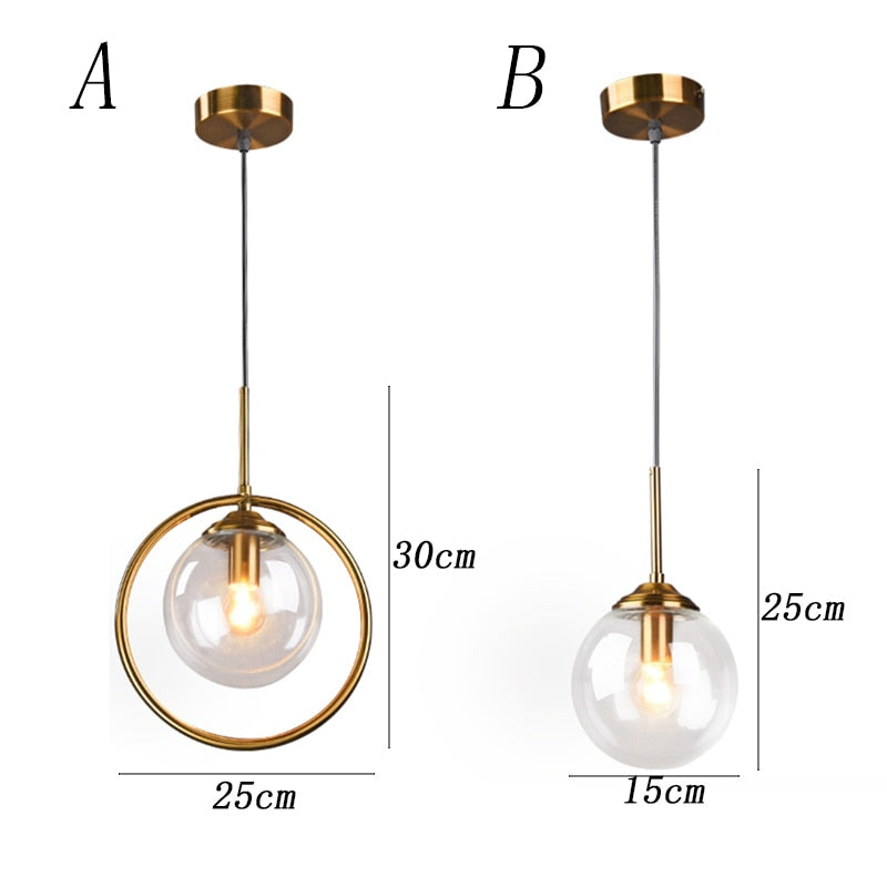 Nordic restaurant single head metal ring pendant lights modern living room bedroom bedside glass ball hanging lamp