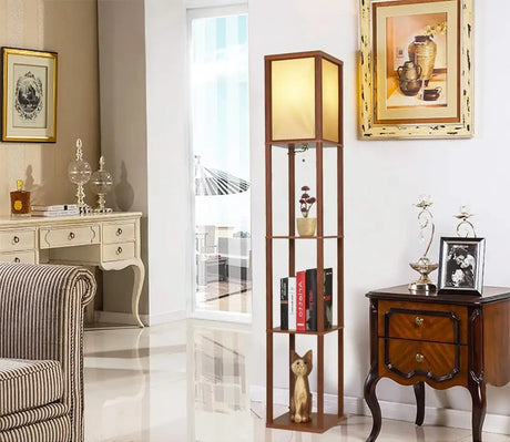 LED Shelf Floor Lamp Wooden Storage Standing Lighting Bedside Night Soft for Bedroom Living Reading Room Home-C