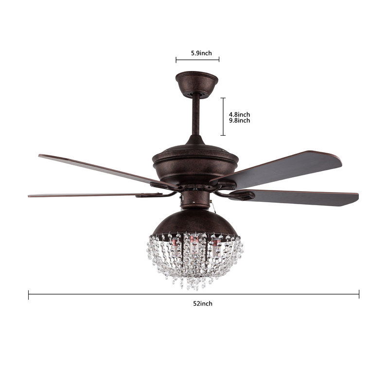 Antique Crystal Ceiling Fan Light Livingroom Chandelier W/ Reverse Function, 3 Speed Adjustable, Remote Control