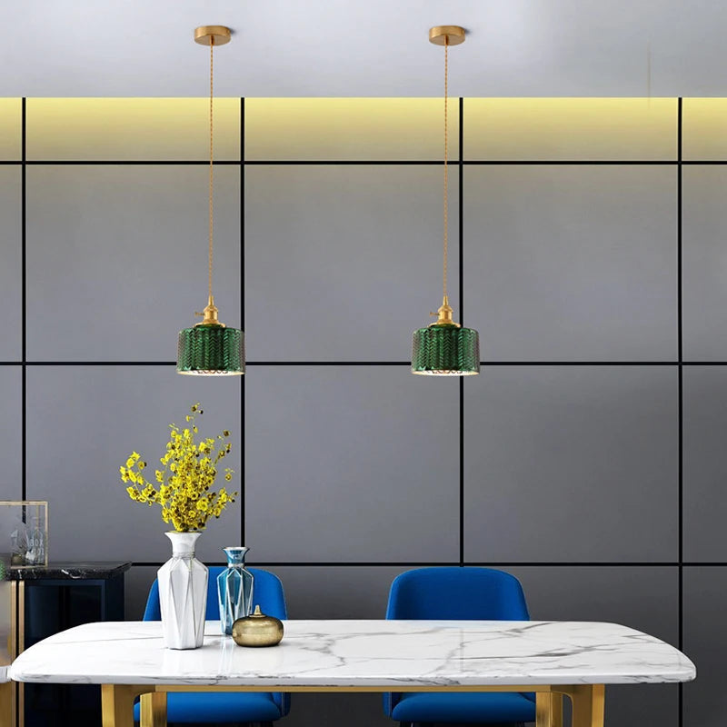 Modern LOFT E27 pure copper lamp holder chandelier simple green glass lamp kitchen living room bedroom bar indoor chandelier