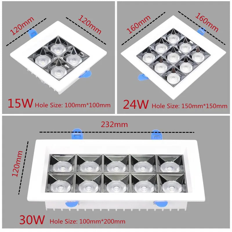 Dimmable embedded LED panel, square ceiling lamp, 15W, 24w, 30w, AC110V, 220V, 1 pc.