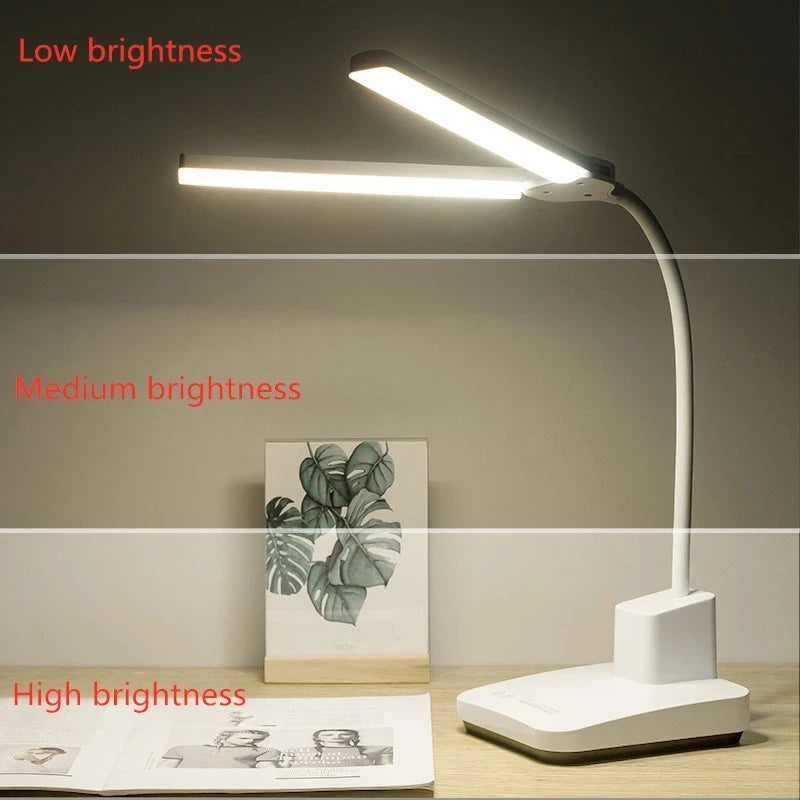 LED Desk Lamp Double Head 52cm USB Charging Stepless Dimming Eye Protection Reading Book Lights Three-color Switch Table Light