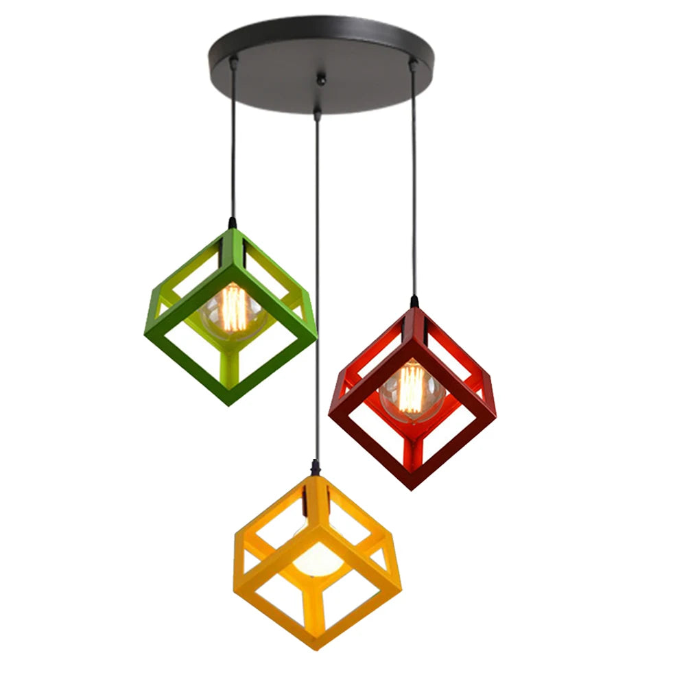 Nordic Style 3 in 1 Pendant Lights Creative Geometric Lamp Shade Cube E27 Base Metal Hanging Light Square Ceiling Lighting Decors