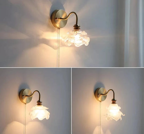 IWHD Flower Glass Copper Wall Lamp Sconce Pull Chain Switch LED Bedroom Bathroom Mirror Stair Light Nordic Modern Wand lamp