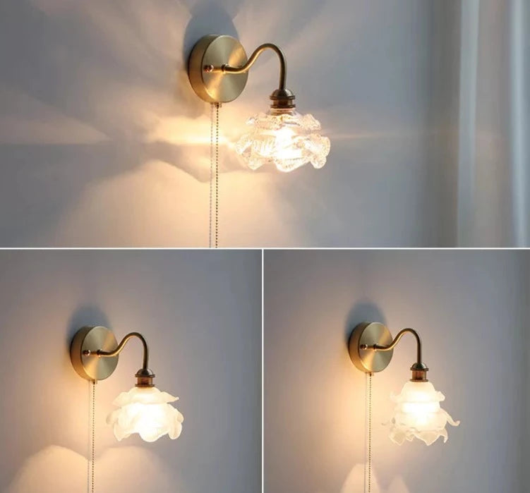IWHD Flower Glass Copper Wall Lamp Sconce Pull Chain Switch LED Bedroom Bathroom Mirror Stair Light Nordic Modern Wand lamp