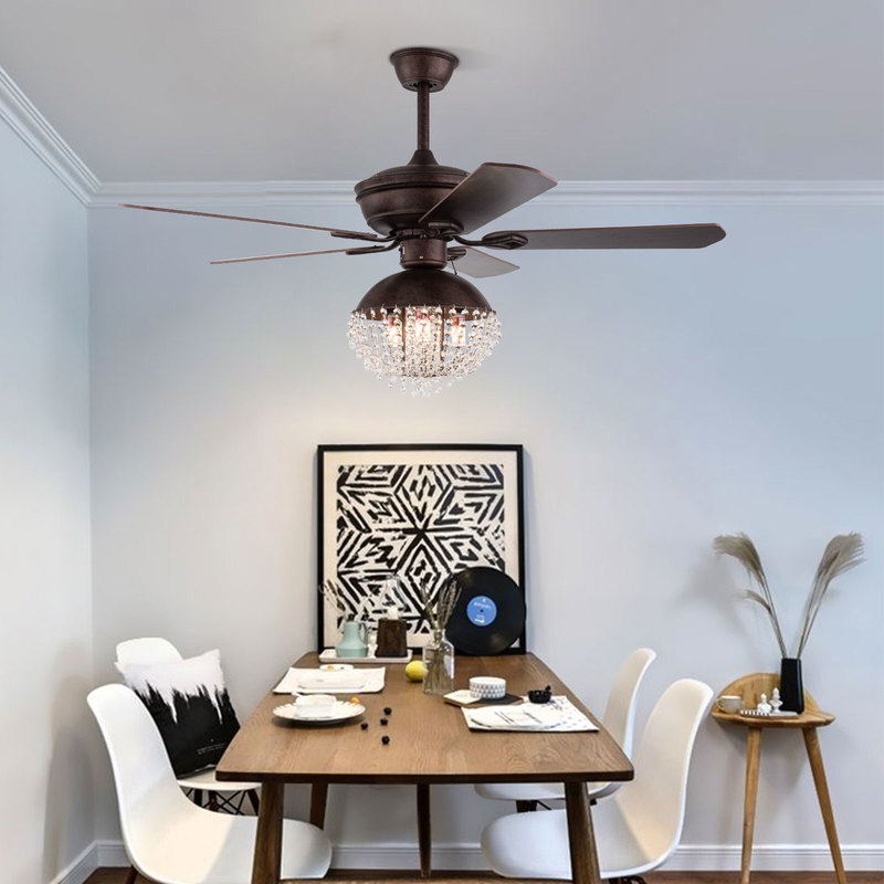 Antique Crystal Ceiling Fan Light Livingroom Chandelier W/ Reverse Function, 3 Speed Adjustable, Remote Control