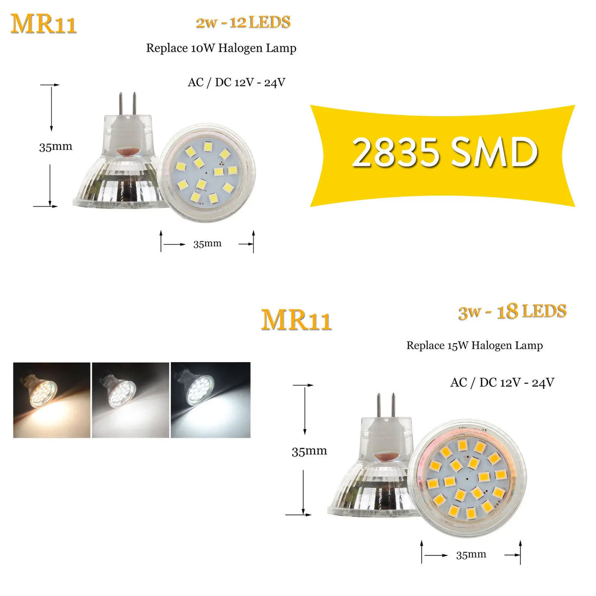 MR11 GU4 Mini LED Spotlight Bulbs 12V 24V 2835 SMD 2W 3W 12LEDs 18LEDs Bright Cool Warm White Lamp Replace 10W 20W Halogen Light