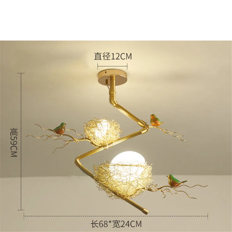 Nordic Cottage core Decors Golden Bird's Nest Chandeliers Hallway Living Room Kids Art Glass Egg 3 Heads Hanging Lighting Fixtures