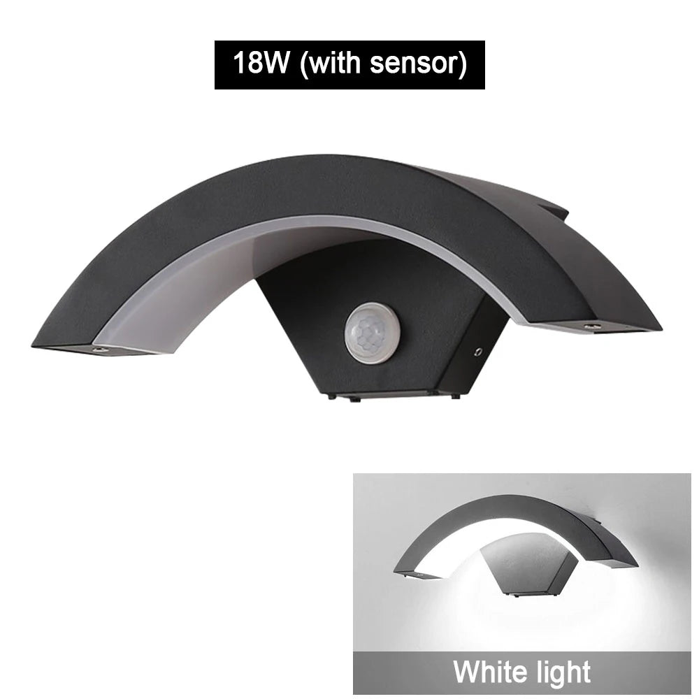 18/24W Modern PIR Motion Sensor Curved Led Wall Lamp Outdoor Waterproof IP65 Front Door Garden Porch Sconce Induction Wall Light