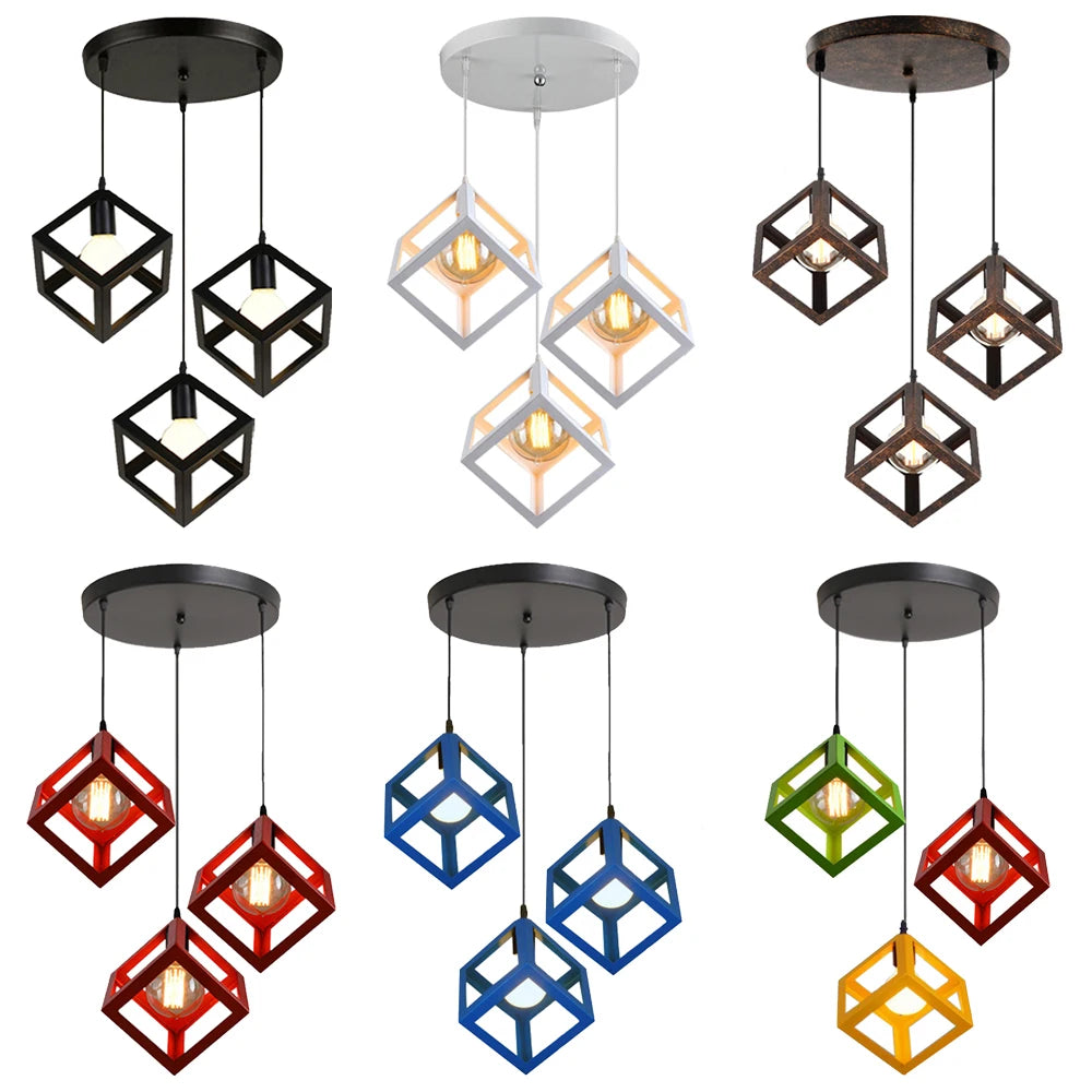 Nordic Style 3 in 1 Pendant Lights Creative Geometric Lamp Shade Cube E27 Base Metal Hanging Light Square Ceiling Lighting Decors