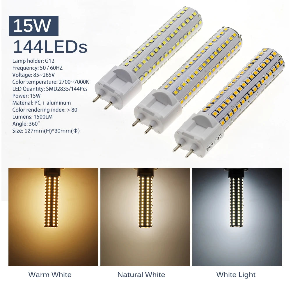G12 LED Bulb Light AC85-265V 10W 1000LM 15W 1500LM High Brightness SMD2835 LED Corn Bulb Lamp.