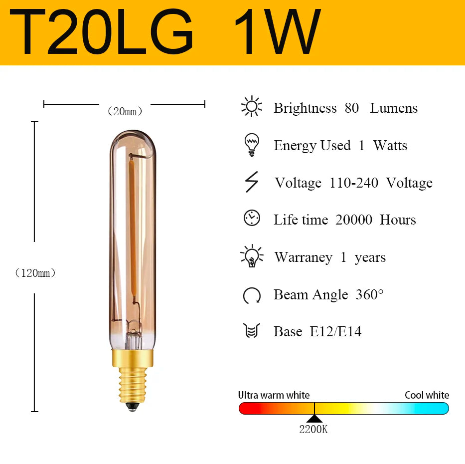 Vintage T20 T6 Tubular LED Filament Bulb - 1W 2W E12 E14 Dimmable Retro Light