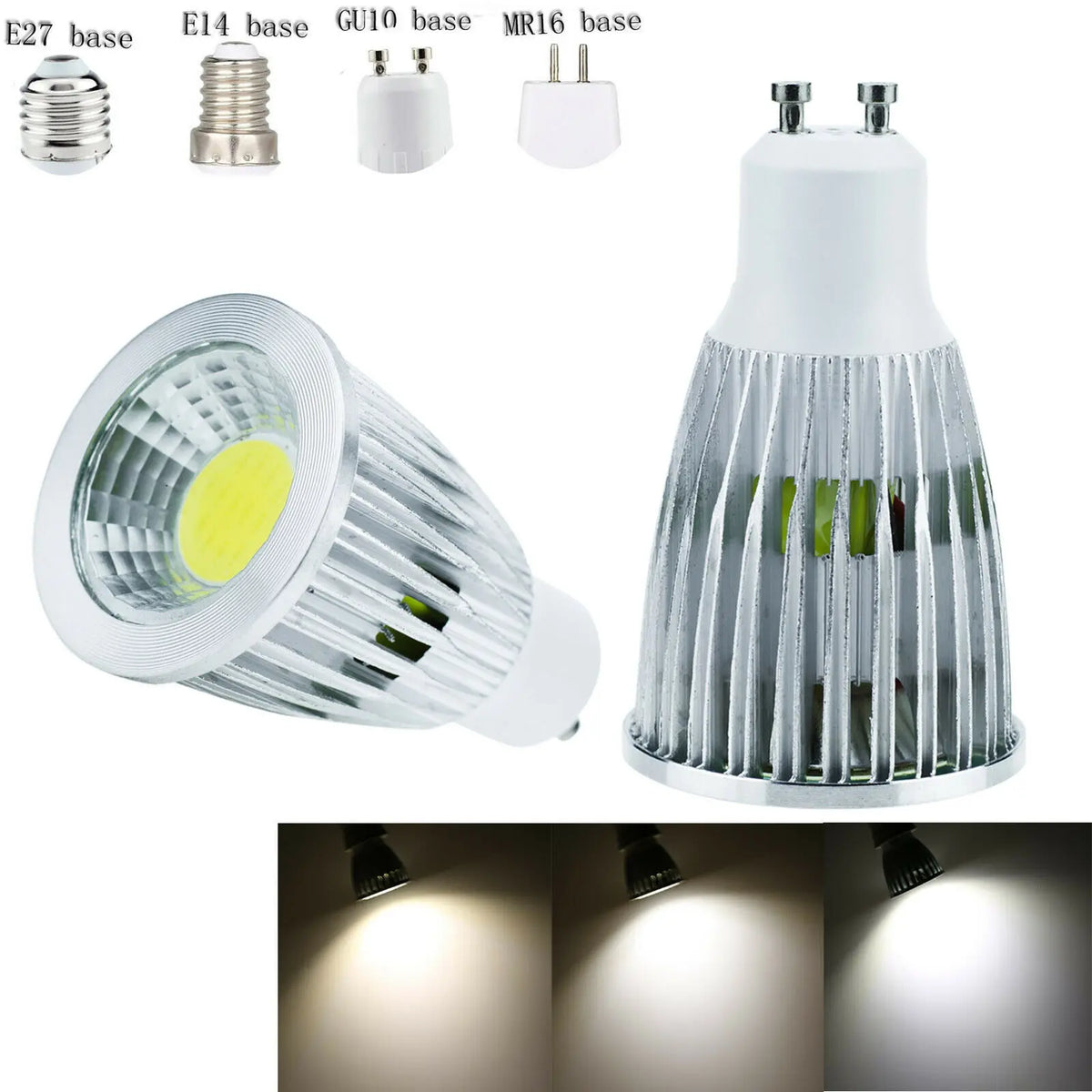 10-Pack Low Voltage Dimmable COB LED Spotlight Bulbs (DC 12V-24V | 6W/9W/12W) - GU10, MR16, E27 High-Power Bulbs in Warm & Cold White