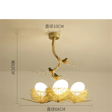 Nordic Cottage core Decors Golden Bird's Nest Chandeliers Hallway Living Room Kids Art Glass Egg 3 Heads Hanging Lighting Fixtures