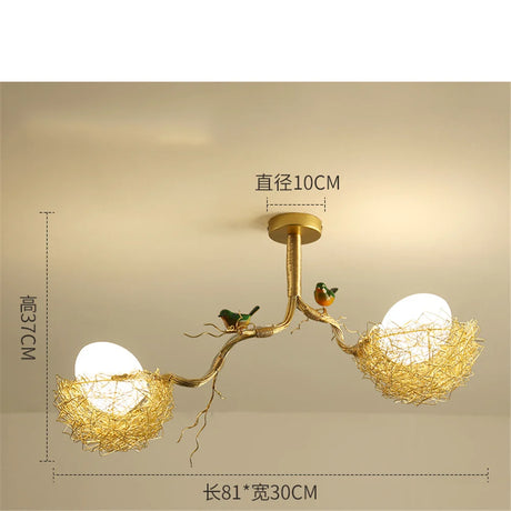 Nordic Cottage core Decors Golden Bird's Nest Chandeliers Hallway Living Room Kids Art Glass Egg 3 Heads Hanging Lighting Fixtures