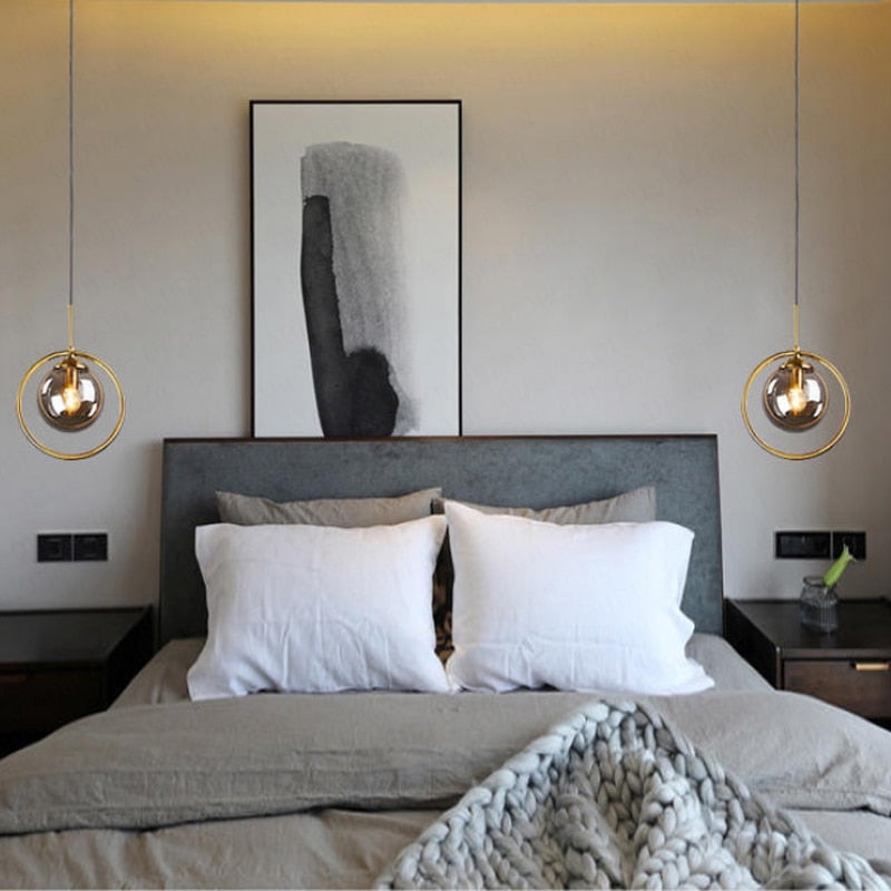 Nordic restaurant single head metal ring pendant lights modern living room bedroom bedside glass ball hanging lamp