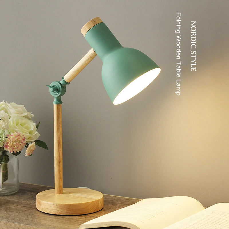 Creative Nordic Wooden Art Iron LED Folding Simple Desk Lamp Eye Protection Reading Table Lamp Living Room Bedroom Home Decors