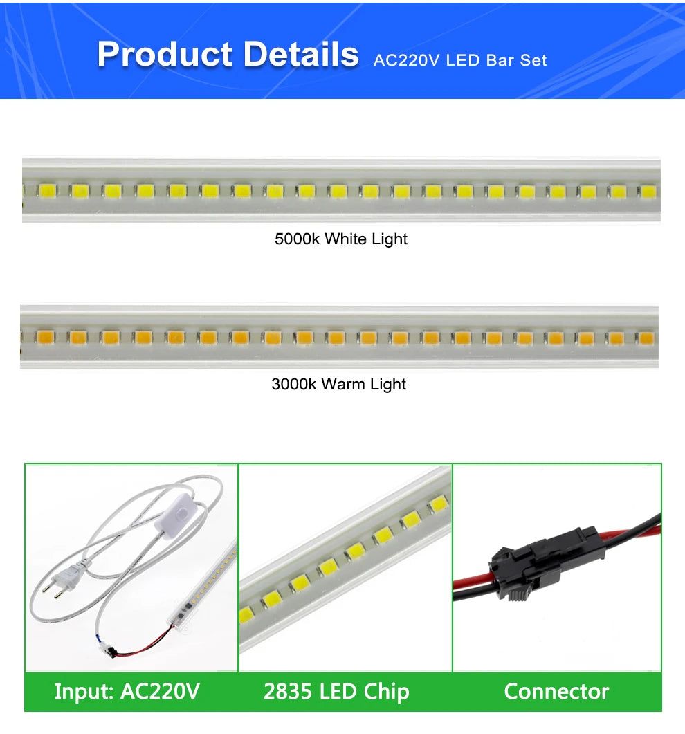 220V LED Rigid Strip Night Lamp Under Cabinets 72 LEDs 30cm 40cm 50cm 8W With Switch ON/OFF EU Plug LED Bar lights Desk Bulb