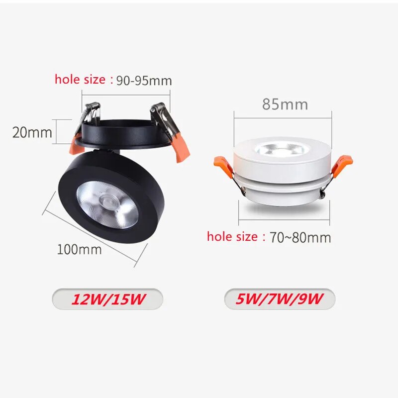 Dimmable LED Embedded Ceiling Down Lamp5W7W9W12W15W Foldable And 360 Degree Rotatable Built in COB Spot Light Recessed Downlight