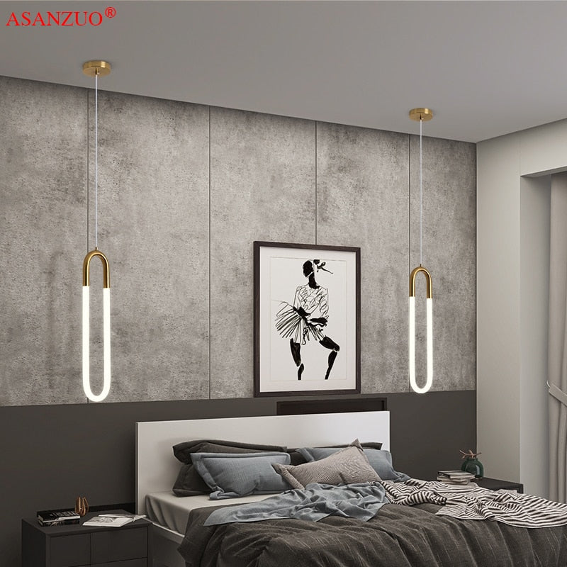 Brass Nordic bedside Long-line hanging lamp Modern creative U-shaped tube 360 degree LED pendant lights