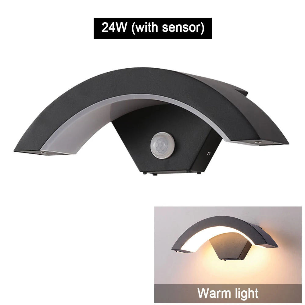 18/24W Modern PIR Motion Sensor Curved Led Wall Lamp Outdoor Waterproof IP65 Front Door Garden Porch Sconce Induction Wall Light