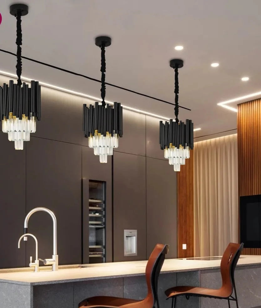 Dining room crystal chandelier modern black hanging light fixture luxury kitchen island led crystal lamp with dimmable