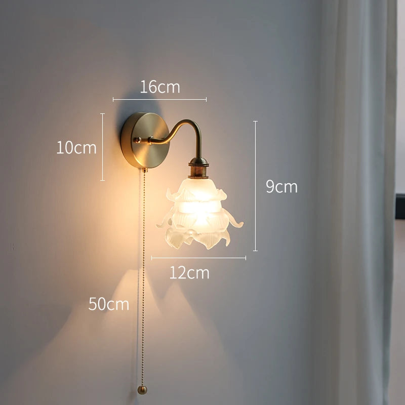 IWHD Flower Glass Copper Wall Lamp Sconce Pull Chain Switch LED Bedroom Bathroom Mirror Stair Light Nordic Modern Wand lamp