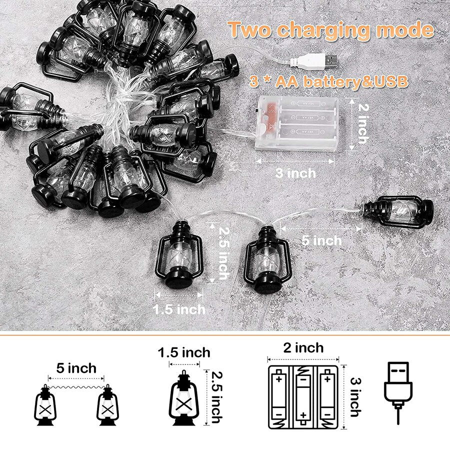 Retro Kerosene Led String Light AA Battery Mini Lantern Fairy Light Garland For Loft Bedroom Ramadan Decor