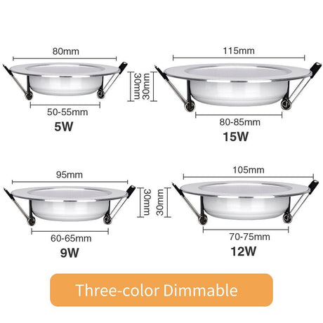 10PCS LED Downlight Recessed Ceiling Lamp 5W 9W 12W 15W Three-color dimmable/Cold white/Warm white led Spotlight AC 220V
