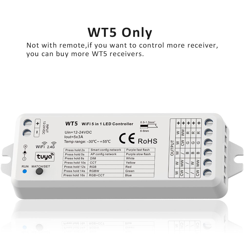 LED Controller 12v 24v 5 in 1 Dimmer RGB CCT RGBW RGBWW RGBCCT Strip Light Smart Life Wifi 2.4G RF Wireless Remote WT5