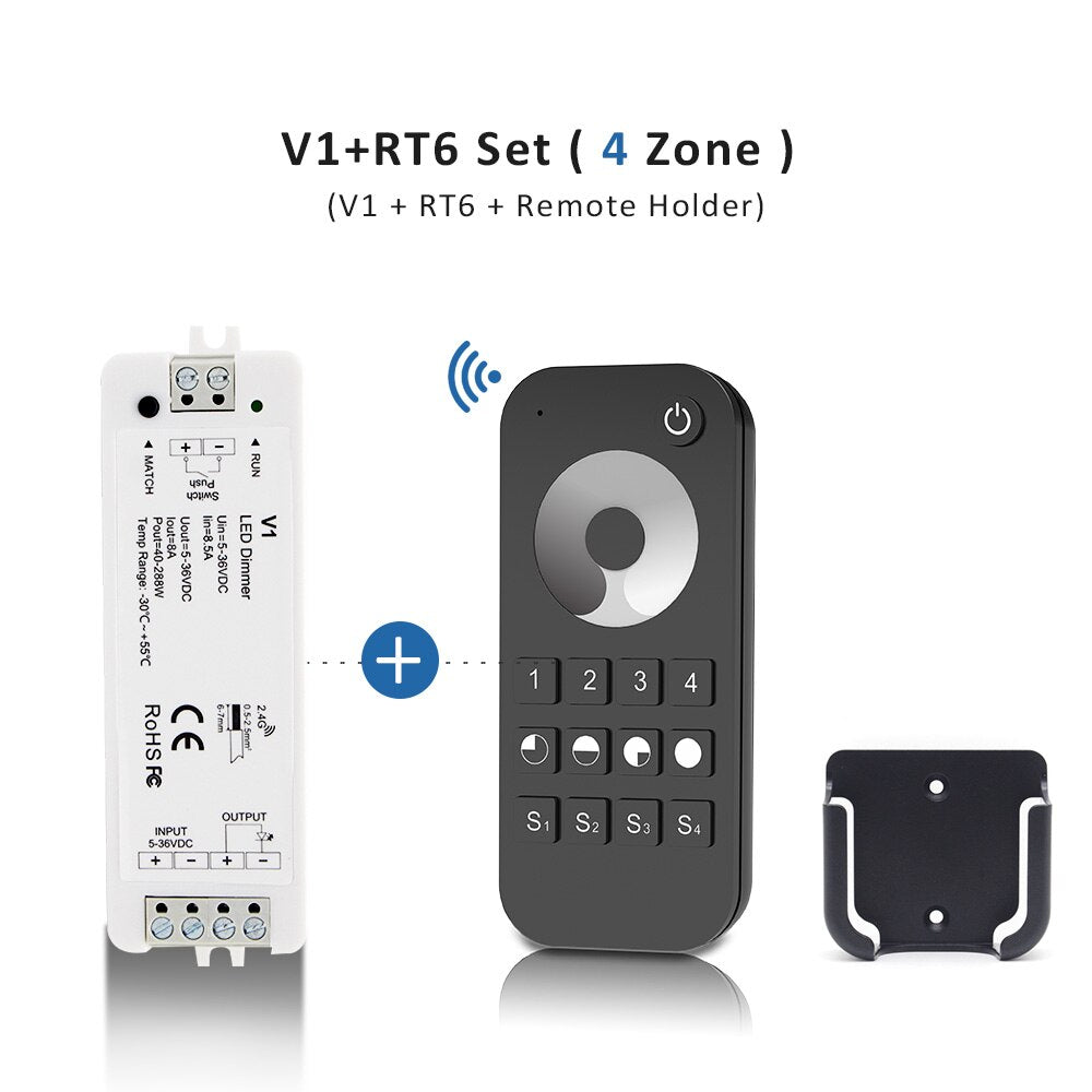 LED Dimmer 12v 24v 36v 2.4G RF Wireless Touch Remote Dimmer Switch RT1 RT6 RT8 V1 Single Color LED Strip Light Controller
