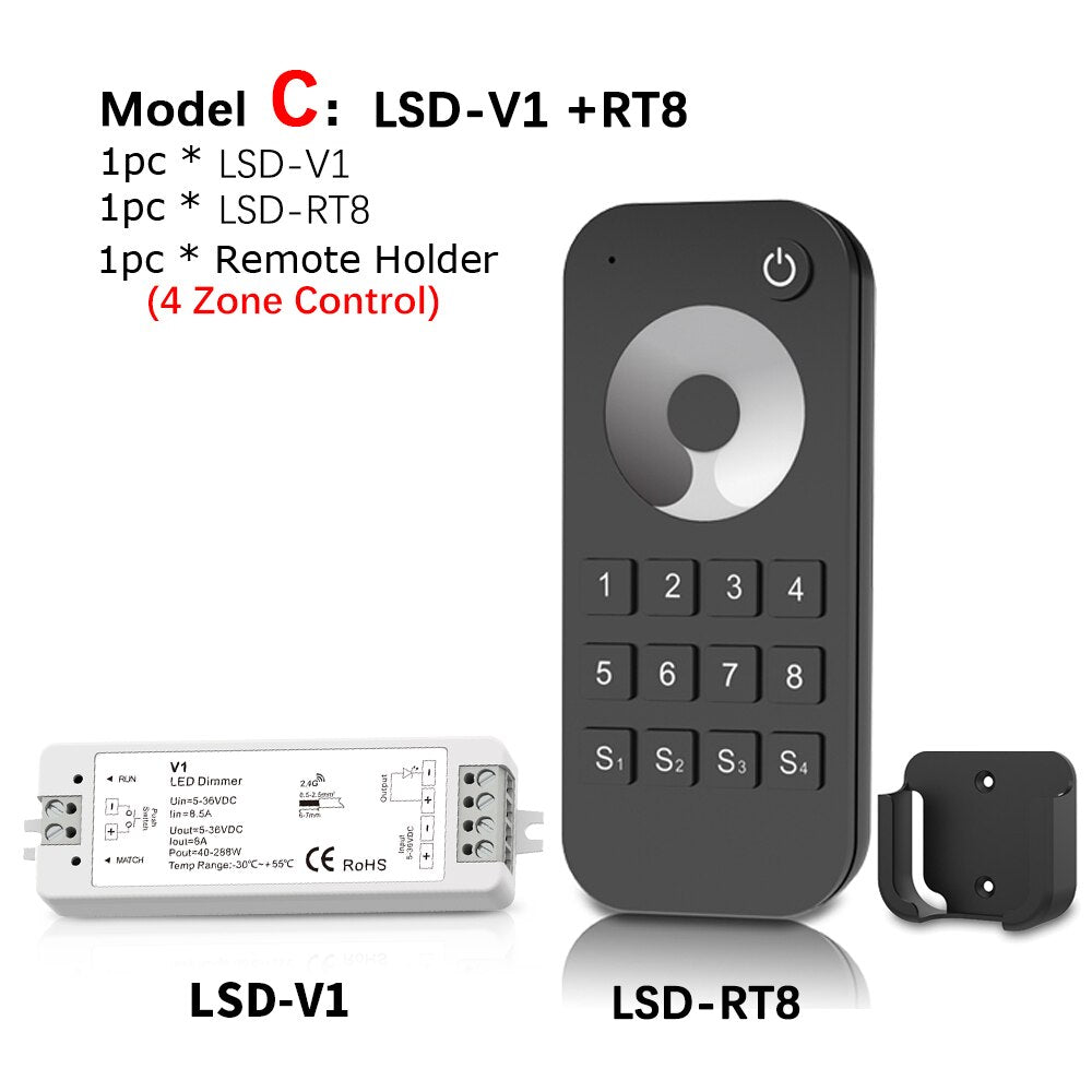 LED Dimmer Switch PWM Wireless RF 2.4G 4-Zone Touch Remote Smart Home Wifi Relay DC12V 24V Controller for Single Color LED Strip