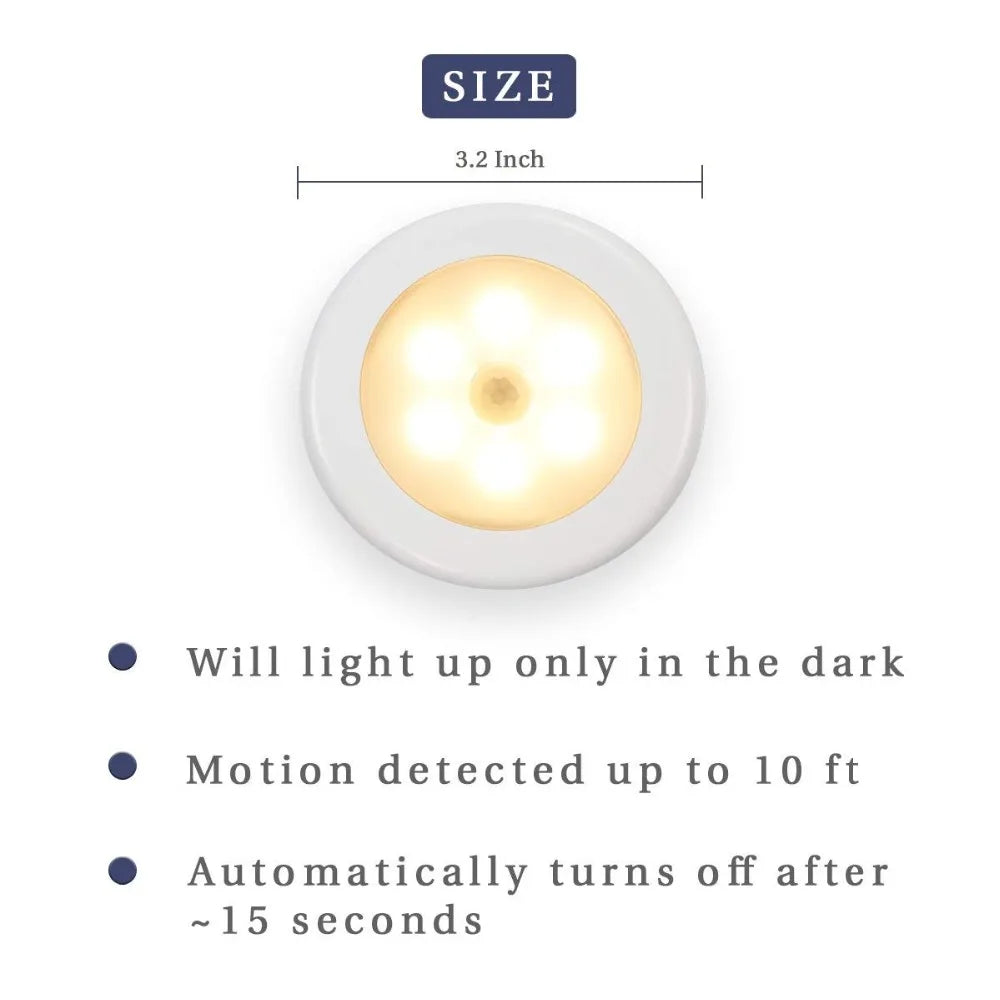 6 LED Motion Sensor Night Light - Wireless PIR Infrared Battery Powered Lamp