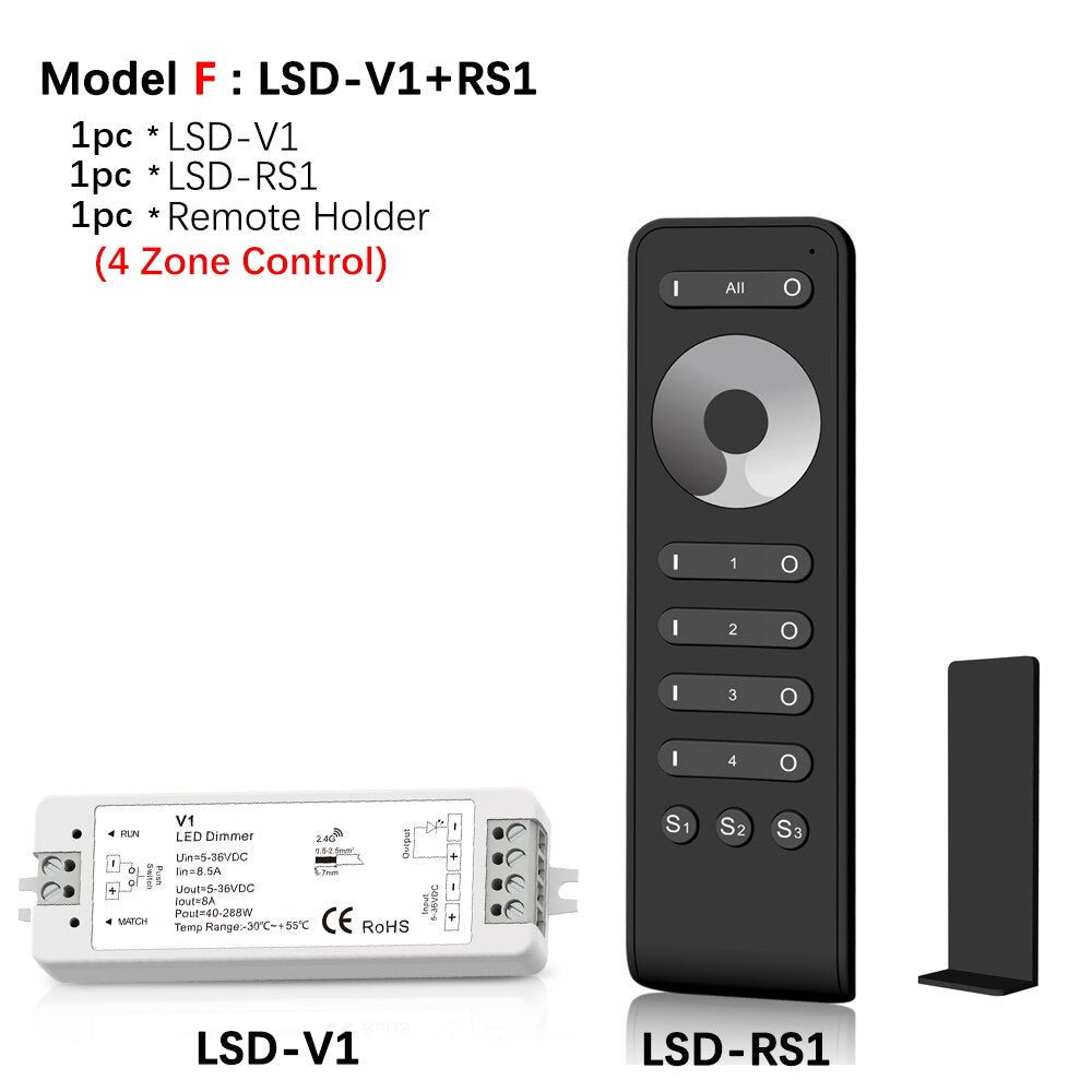 LED Dimmer Switch PWM Wireless RF 2.4G 4-Zone Touch Remote Smart Home Wifi Relay DC12V 24V Controller for Single Color LED Strip