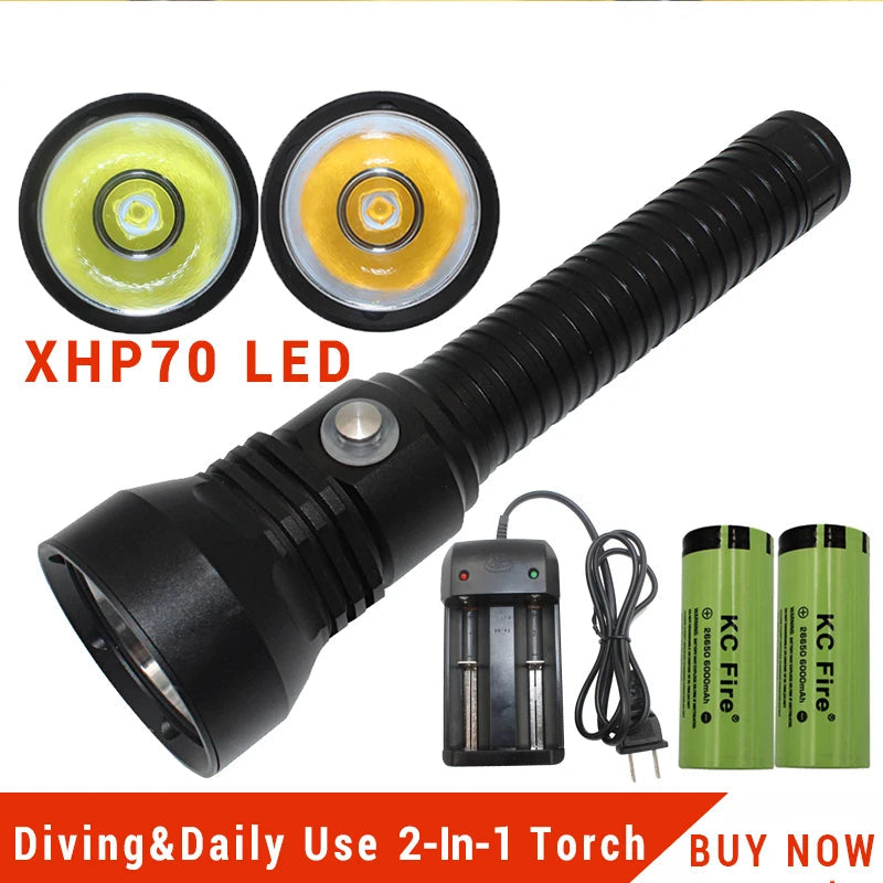 Powerful XHP70.2 LED Diving Flashlight Torch Scuba Camping 2in1 Portable Dive torch Waterproof XHP70 Underwater 100M Flashlights