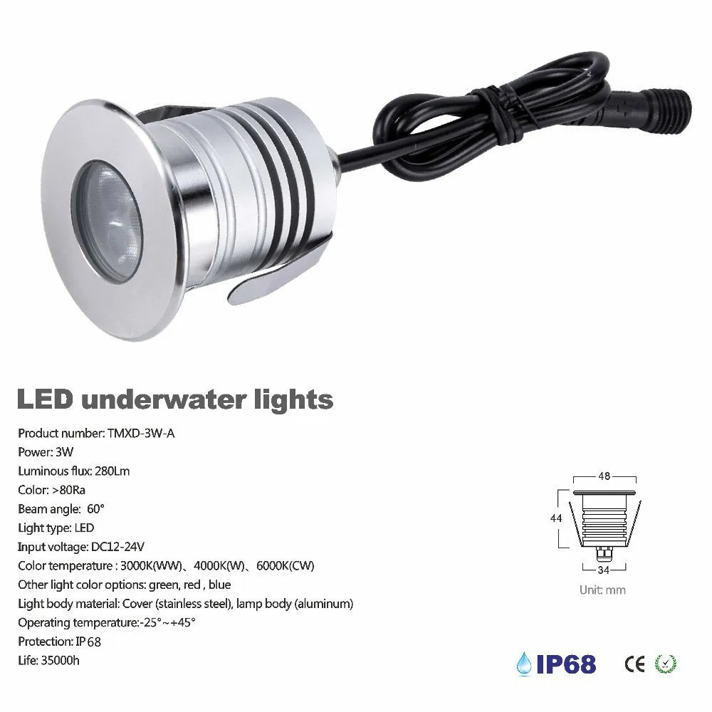 IP68 Waterproof LED Pool Light - 3W Underwater Spotlight for Ponds & Fountains