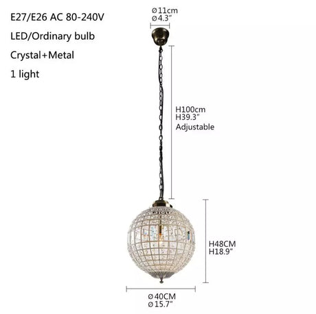 Retro Vintage Royal Empire Ball Chandelier Crystal Modern Pendant Lamp Lights E27 For Living Room Bedroom Bathroom Hotel