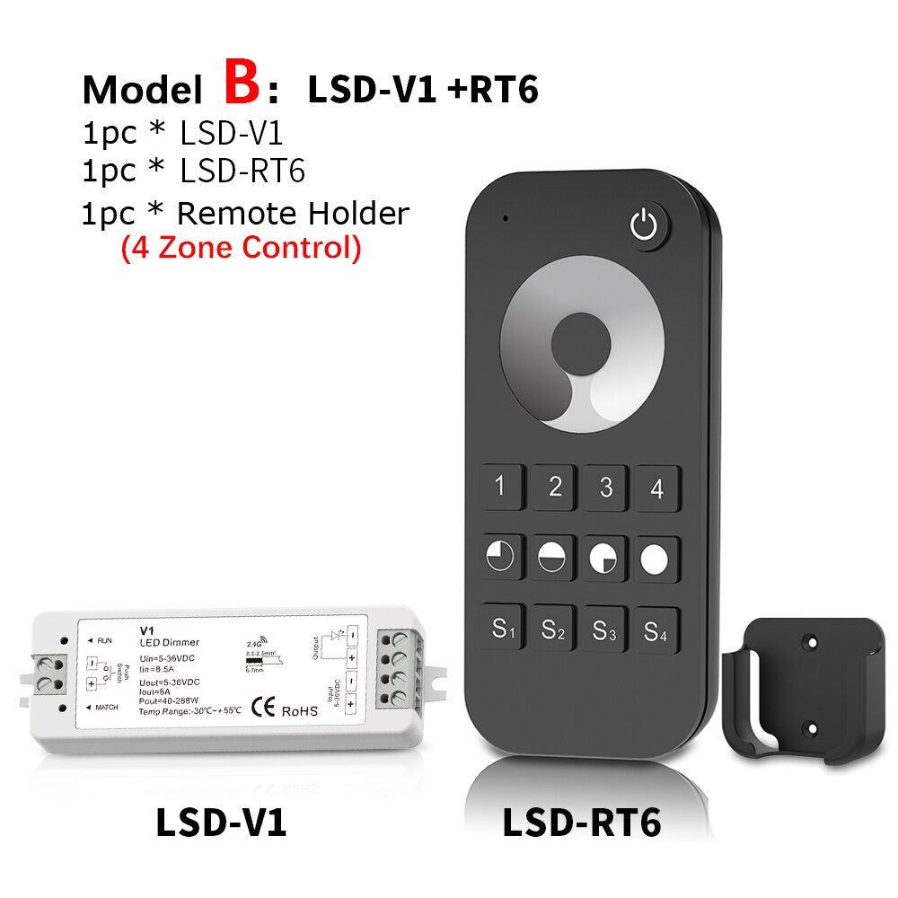 LED Dimmer Switch PWM Wireless RF 2.4G 4-Zone Touch Remote Smart Home Wifi Relay DC12V 24V Controller for Single Color LED Strip